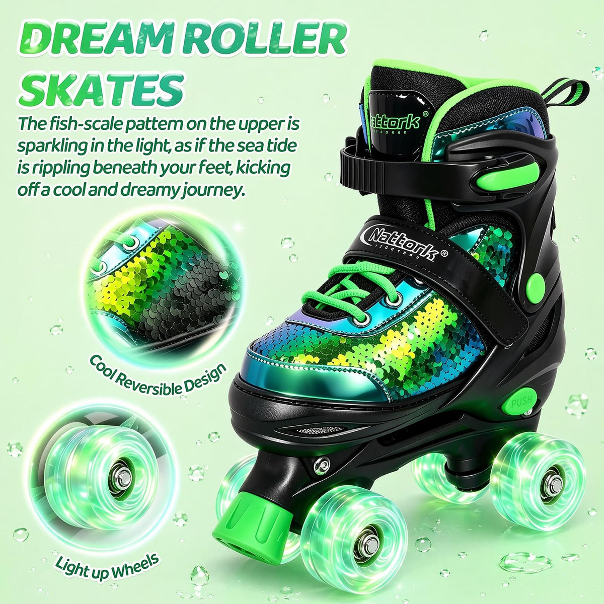 Nattork Kids Roller Skates for Girls Boys Kids 4 Size Adjustable Quad Skates with All Light up Wheels for Kids Beginners, Birthday Gift, Indoor Outdoor Sports patines para niñas