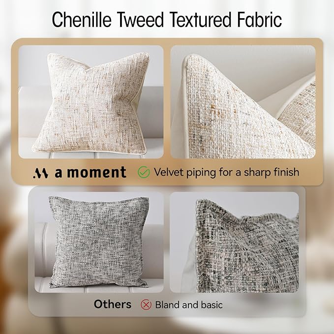 a moment Christmas Beige Reversible Pillow Covers 2 Pack - Farmhouse Chenille Throw Pillows, Neutral Textured Decorative Throw Pillow Covers with Border for Couch Sofa Bed (12x20 Inch, No Insert)