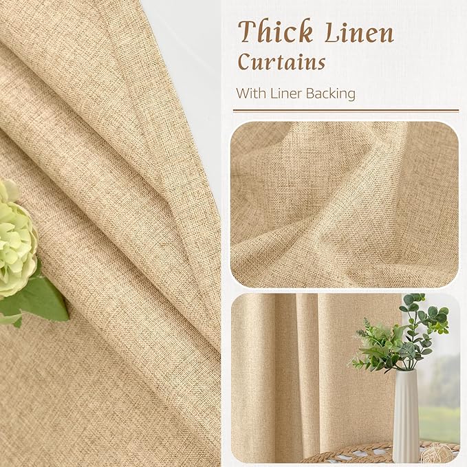 LAMIT Natural 100% Blackout Linen Curtains, 54 Inches Linen Textured Thermal Bedroom Curtains Back Tab and Rod Pocket Neutral Panels with White Liner for Farmhouse, 2 Panels, 42 x 54 Inch, Burlap