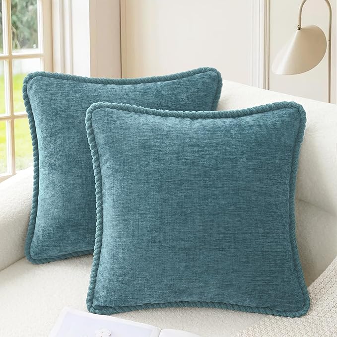 CaliTime Decorative Couch Throw Pillow Covers 18 X 18 Inches Pack of 2 Cozy Chenille Piping Edge Cushion Cases for Sofa Bed Living Room Home Smoke Blue