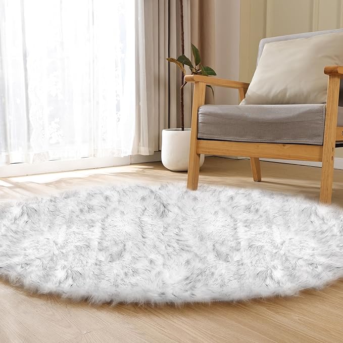 White and Grey Round Rugs 6ft Circle Furry Rug for Living Room Washable Shag Faux Sheepskin Fluffy Fur Rugs for Bedroom Nursery Rug