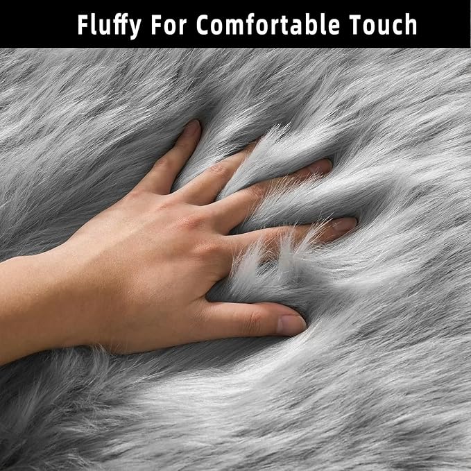 Grey Faux Fur Sheepskin Area Rug for Living Room Bedroom, 4 x 6 Feet Ultra Soft Shaggy Fuzzy Furry Carpet Chair Throw Large Rugs for Kids, Girls, Nursery Room Decor Dorms