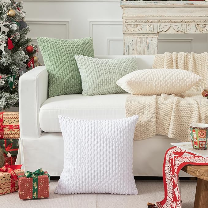 Kevin Textile Pack of 2 Corduroy Decorative Throw Pillow Covers 22x22 Inch Soft Boho Striped Pillow Covers Modern Farmhouse Home Decor for Spring Sofa Living Room Couch Bed Pure White
