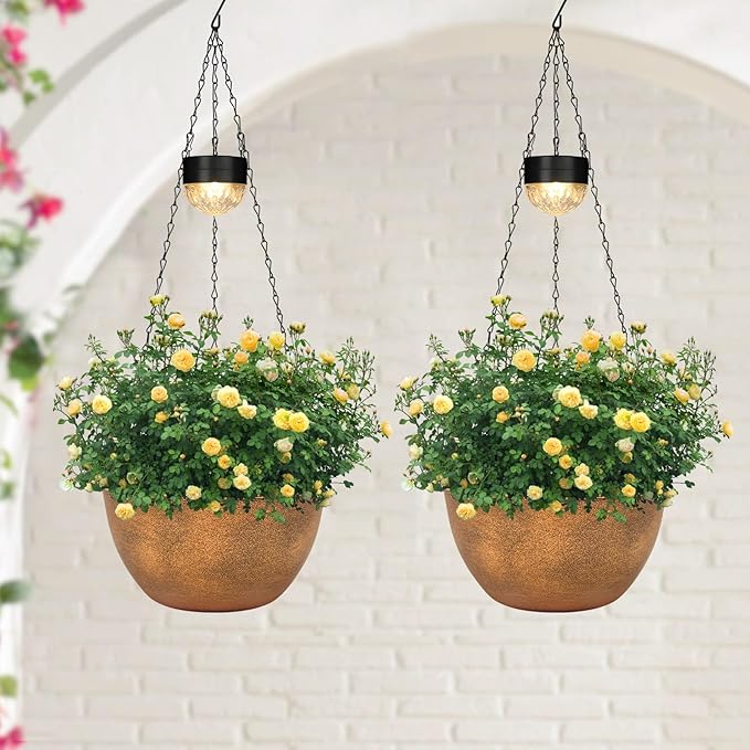 2 Packs Hanging Planters Basket for Outdoor Plants, Solar Powered Self Watering Bronze Round Plastic Flower Pots with Drainer for Balcony Patio Garden Outdoor Decoration