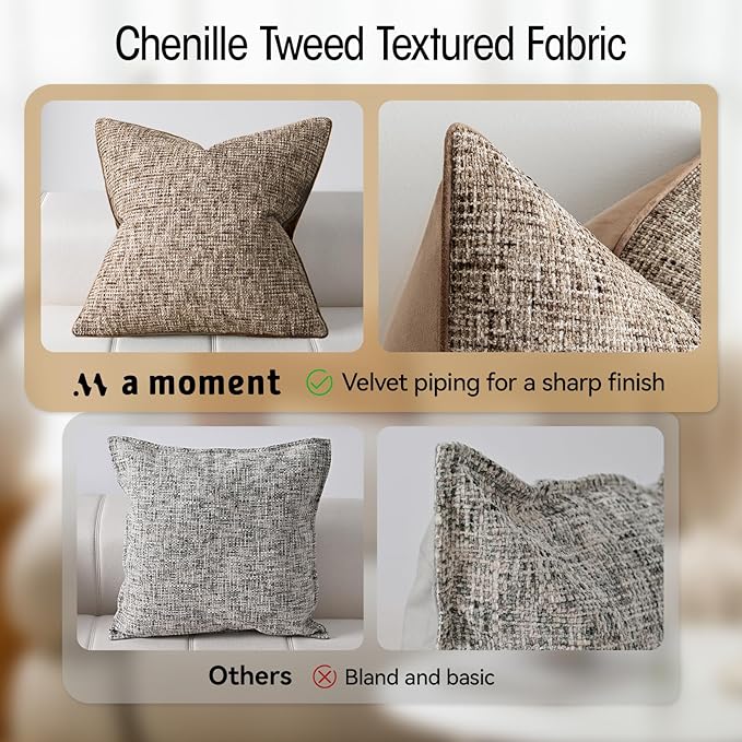 a moment Brown Reversible Pillow Covers 2 Pack - Farmhouse Chenille Throw Pillows, Neutral Textured Decorative Throw Pillow Covers with Border for Couch Sofa Bed (12x20 Inch, No Insert)