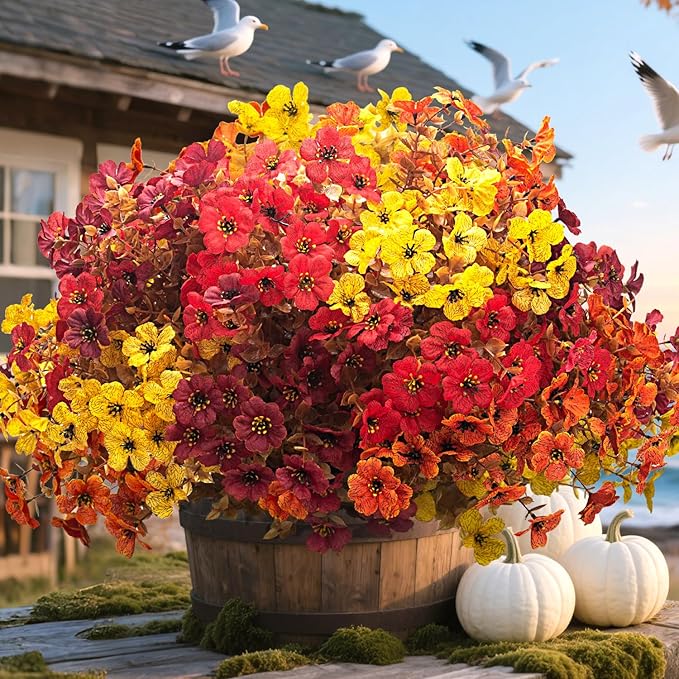 20 Bundles UV Resistant Artificial Fall Flowers for Outdoor - No Maintenance Thanksgiving Decor with Orange Blooms, Faux Silk & Plastic Plants for Porch, Yard (Fall Coffee Mix)