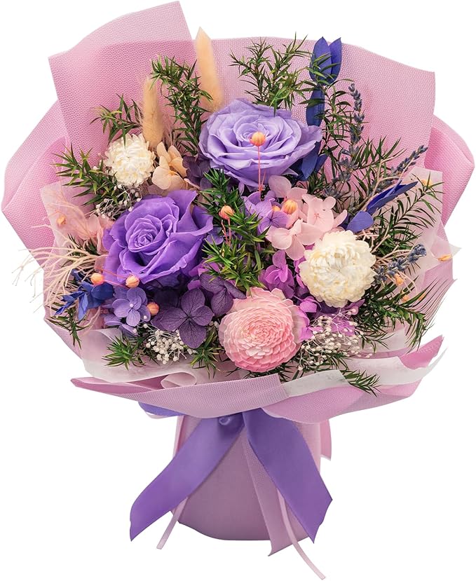 HUACHIPLUS Preserved Rose Bouquets: Fresh Flowers Bouquet- Romantic Gifts for Mom Wife Girlfriend Women-Flowers for Delivery Prime on Christmas Valentines Day Anniversary Mothers Day Birthday (Lilac)