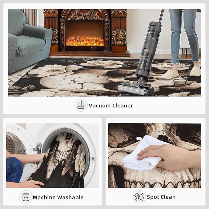 Skull Washable Rugs 6x8 Rug for Living Room, Floral 6x8 Rug Gothic Low-Pile Carpet for Bedroom Dining Non Slip Mat with Rubber Back