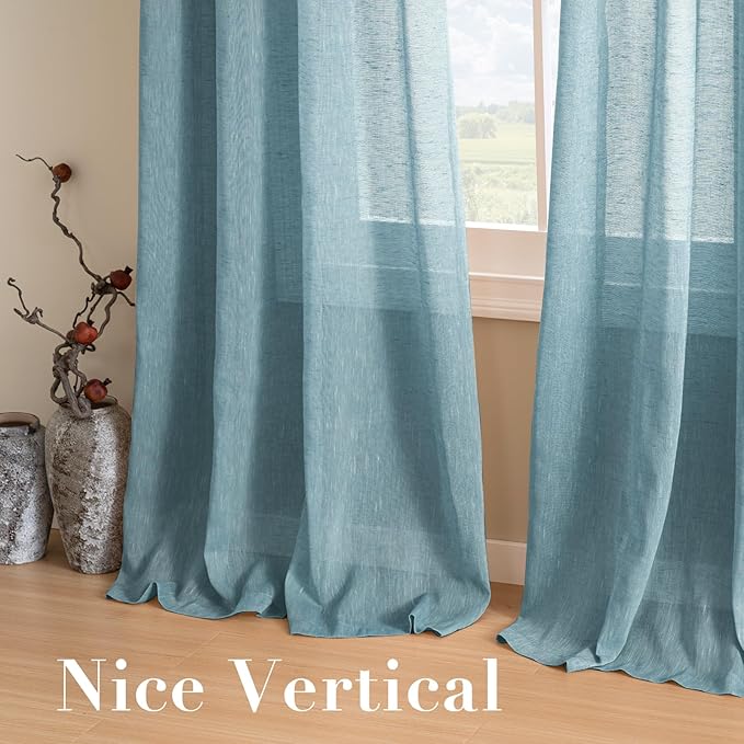 H.VERSAILTEX Linen Curtains Privacy Protection Home Fashion Natural Linen Rich Quality Curtain Semi-Sheer Multi Size 52x72 - Inch/Nickel Grommet Top Linen Curtain Panels (Set of 2, Turquoise)