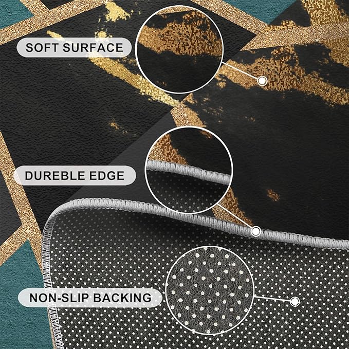 Black Gold Marble Area Rugs Emerald Green Abstract Marble Carpet Medieval Geometry Area Rug Indoor Non-Slip Carpet Golden Geometric Lines Rugs for Bedroom 4x6ft