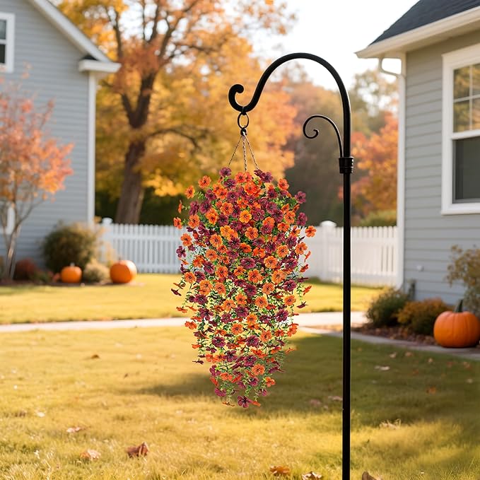 Fake Mums Artificial Hanging Flowers for Outdoor Fall Decoration, 2 PCS Silk Daisy Flower Realistic Faux Plants UV Resistant for Porch Patio Window Yard Outside Autumn Decor(Orange Brown)