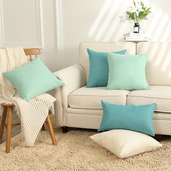 Stellhome Burlap Throw Pillow Covers Textured Farmhouse Pillowcase 20x20 inch Decorative Linen Cushion Covers for Bed Couch Sofa Bench, Set of 2, Blue Green