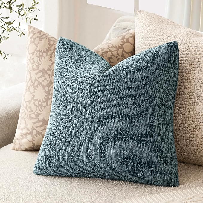 Foindtower Decorative Textured Boucle Throw Pillow Covers Accent Solid Pillow Cases Neutral Soft Cozy Couch Cushion Case for Chair Sofa Bedroom Living Room Home Decor 22x22 Inch,1PC,Misty Blue