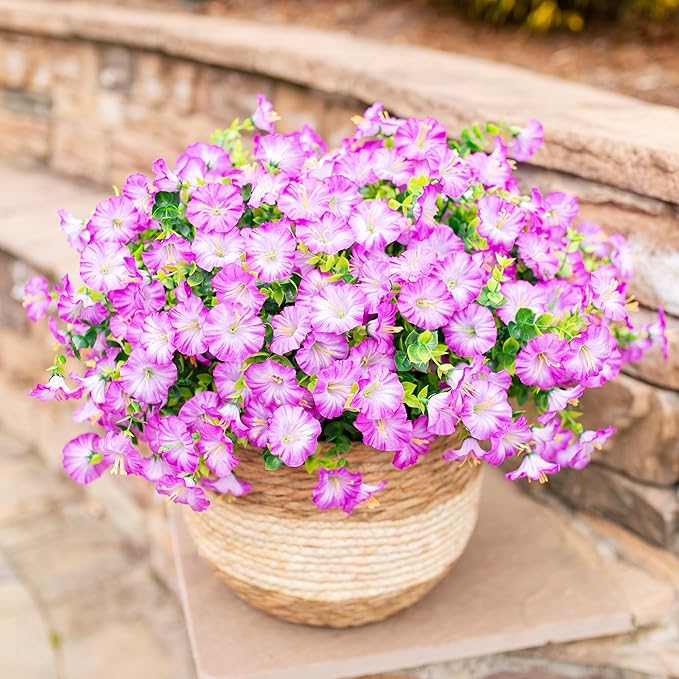 Artificial Flowers Fake Plants for Outdoors Decoration, 12 Bundles Purple Silk Morning Glory with Eucalyptus Realistic UV Resistant Faux Flowers Greenery for Outside Planter Yard Garden Home Indoor