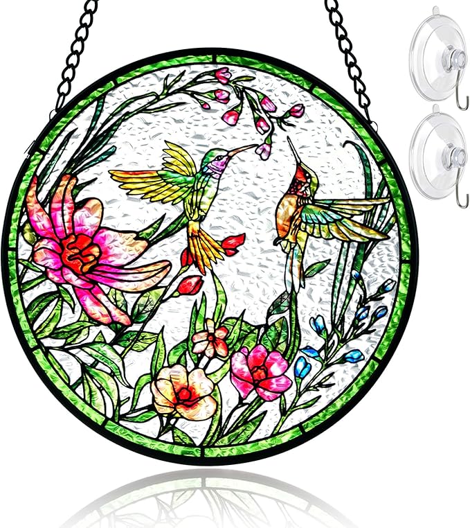 Remiawy Stained Glass Window Hanging Hummingbird Window Suncatcher 6 Inch Glass Panel with Metal Chain and Hooks Sun Catchers Indoor Wall Art Home Decor Gift for Bird Lovers Women Mother's Day