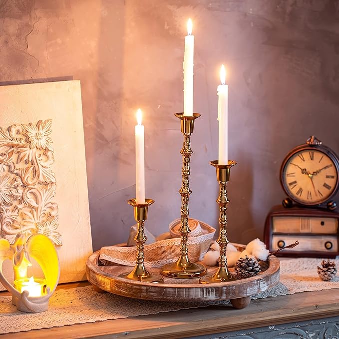 Brass Candlestick Holders Vintage: Tall Gold Taper Candle Holder Antique Candle Stick Holders for Christmas Wedding Centerpieve Living Room Mantle Home Decor Bridal Shower Set of 3