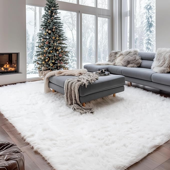 Super Area Rugs White Faux Sheepskin Rug, Large 6 x 9 Feet Living Room Rug, Soft Carpet for Bedroom, Machine Washable Floor Covering