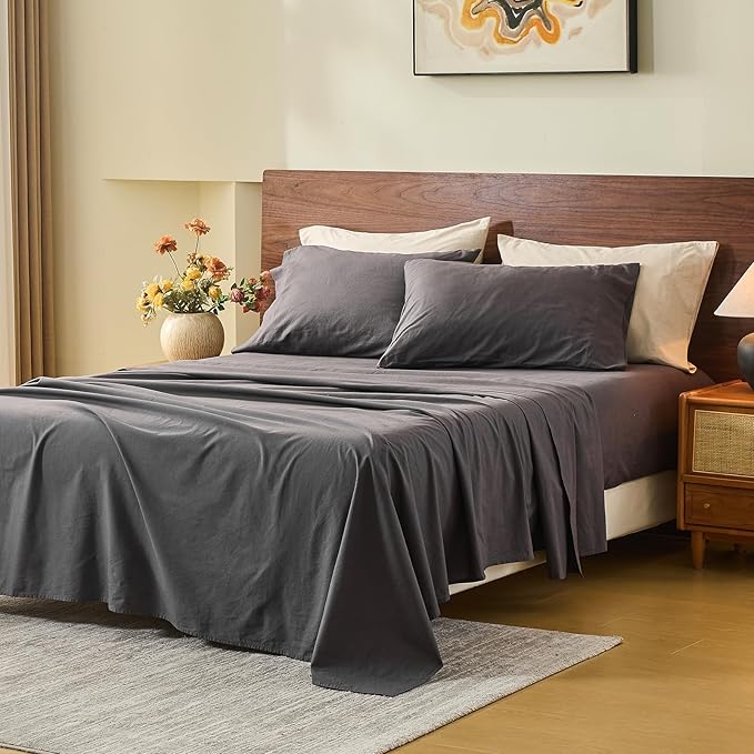 MEISHANG 100% French Pure Linen Sheets Cal King Size - 6 PC Extra Deep Pocket Sheet Set, Soft Durable Flax Linen, Anti-Tear Breathable & Oeko-Tex Certified 18-24 Deep Pocket,All Season(Dark Grey)