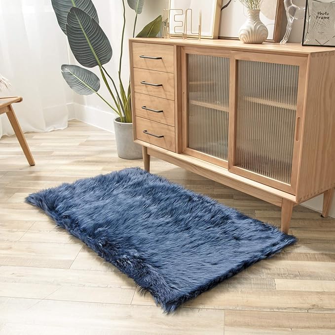 Ashler faux fur rug, Fluffy Shaggy Area Rug Ultra Soft 2.2 x 4 Feet Rectangle Fur Rug, Navy Blue Fuzzy Rug Machine Washable Shag Rug, Nursery Decor Throw Rugs for Bedroom, kids room, Living Room
