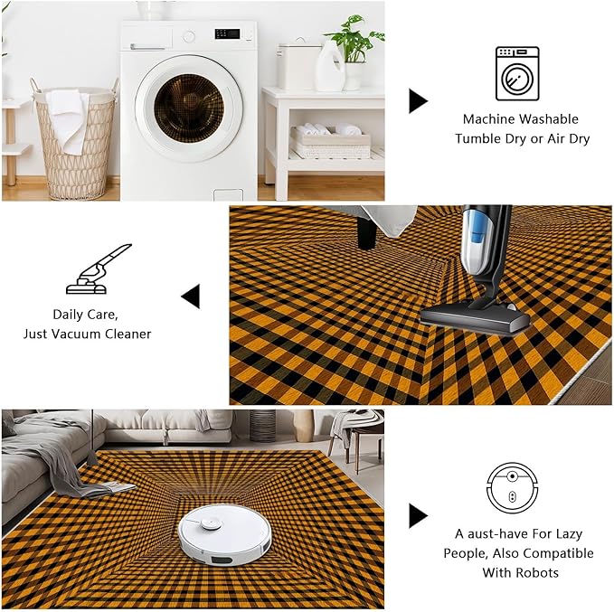 3D Rugs Optical Illusion - Plaid Rug 6x9, Geometric Stripes Soft Neutral Indoor Floor Mats Carpet, Non-Slip Stain Resistant Modern Orange Rug for Bedroom, Living Room Rugs