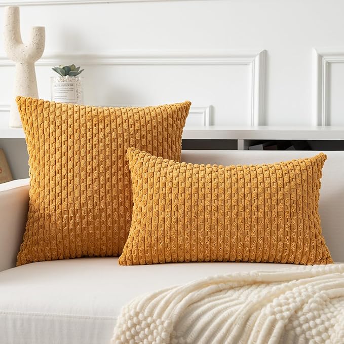 Kevin Textile Throw Pillow Covers Soft Corduroy Decorative Set of 2 Boho Striped Pillow Covers Pillowcases Farmhouse Home Decor for Couch Bed Sofa Living Room 26x26 Inch Golden Yellow