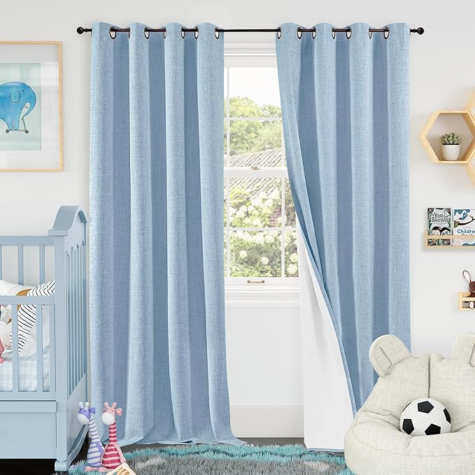 Baby Blue Linen Blackout Curtains for Nursery 90 Inch Length 2 Panels Set, Thermal Insulated Boho Total Black Out Noise Reducing Bonzer Grommets Window Curtains for Kids Bedroom, Each 52 Inch Wide