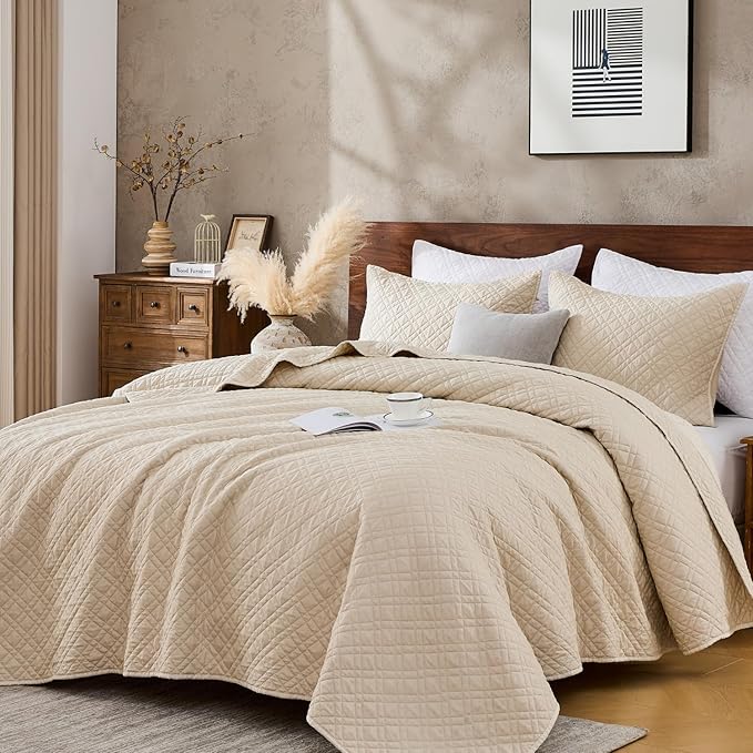 DOWN HOME Twin Quilt Set with Sham Lightweight Quilted Bedspread Coverlet Thin Comforter Bed Cover Vintage Washed Quilted Blanket for All Season, Brushed Microfiber Diamond Stitching, Beige, 66"x92"