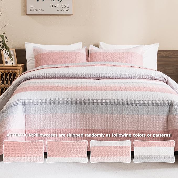 Litanika Quilt Queen Size Pink, Stripe Patchwork Summer Bedspread Coverlet 3 Pieces, Soft Lightweight Microfiber Quilted Bedding Set for All Season(1 Quilt, 2 Pillowcases)