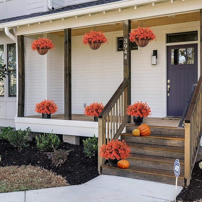 Hananona 24 Pcs Artficial Outdoor Flowers with Hanging Baskets, Orange Fall mums 2 Pack Hanging Planter with Outdoor Fall Flowers for Autumn Porch Garden and Home Patio Yard Decor (2, Orange)