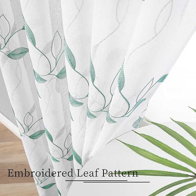 Tollpiz Teal Blue Leaf Sheer Curtain Leaves Embroidered Living Room Short Curtains Rod Pocket Voile Window Treatment for Bedroom, 54 x 54 inches Long, Set of 2 Panels