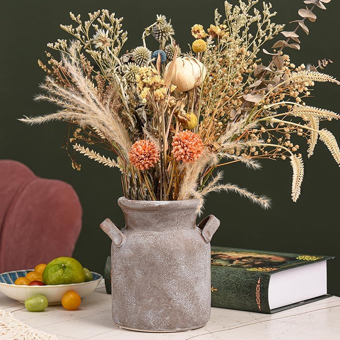 Quoowiit Ceramic Rustic Farmhouse Vase, Distressed Decorative Flower Vases for Home Decor, Ideal Shelf Decor, Boho Vase for Living Room Bedroom Kitchen Office Centerpiece Table Decorations