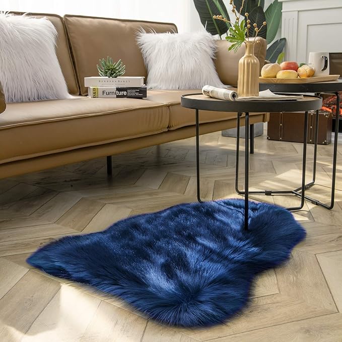 Ashler faux fur rug, Fluffy Shaggy Area Rug Ultra Soft 2 x 3 Feet Sheepskin Fur Rug, Navy Blue Fuzzy Rug Machine Washable Shag Rug, Nursery Decor Throw Rugs for Bedroom, kids room, Living Room