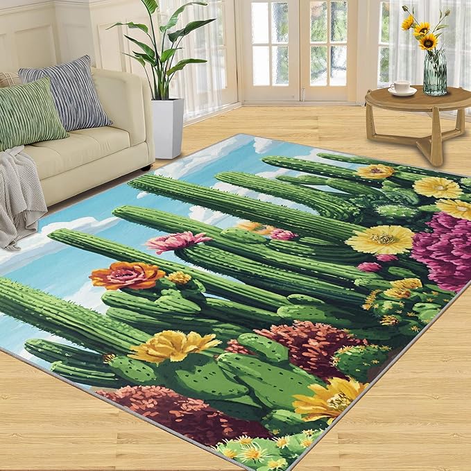 Cactus Living Room Rugs, Desert Oasis Area Rugs 6x8 Rug Succulents Non-Slip Washable Rugs Stain Resistant Rug Low-Pile Throw Rug for Bedroom Dining Room Office