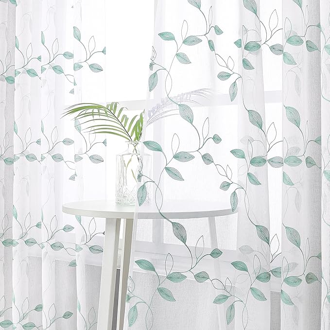 Tollpiz Teal Blue Leaf Sheer Curtain Leaves Embroidered Bedroom Curtains Rod Pocket Voile Window Treatments for Living Room, 38 x 63 inches Long, Set of 2 Panels