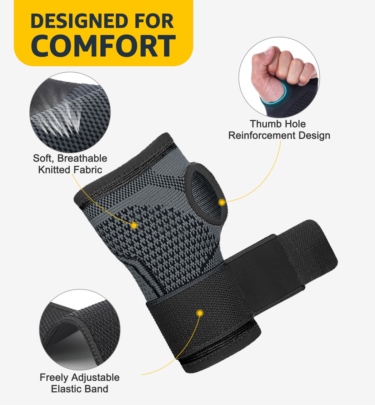 HiRui 2-Pack Wrist Brace Wrist Wraps, Hand Compression Sleeves with Wrist Straps Support for Fitness Weightlifting MTB Tendonitis Carpal Tunnel Arthritis Pain Relief (Black, Large)