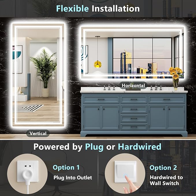 96x36 Inch LED Bathroom Mirror with Lights, Backlit & Front Lit, Anti-Fog Lighted Vanity Mirrors for Bathroom Wall, Dimmable, 3 Color Temperatures, Memory, Shatter-Proof, HD Tempered Glass