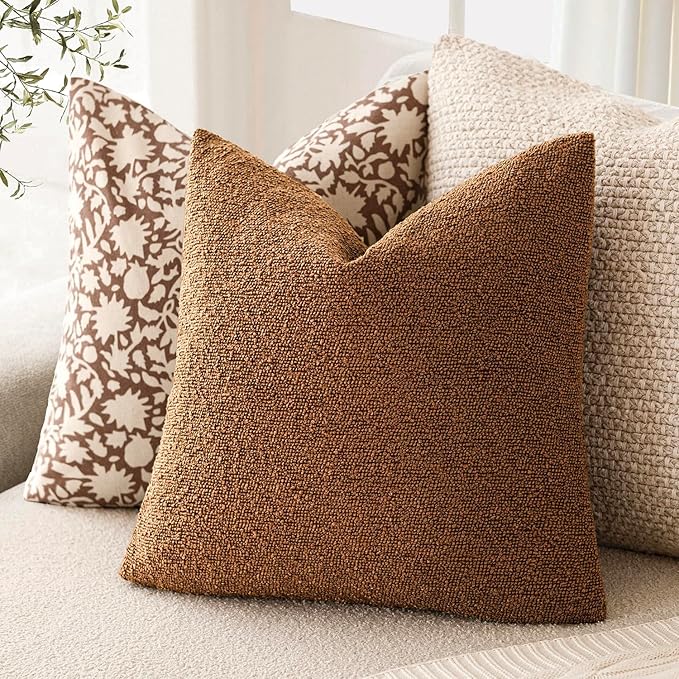 Foindtower Decorative Textured Boucle Throw Pillow Covers Accent Solid Pillow Cases Neutral Soft Cozy Couch Cushion Case for Chair Sofa Bedroom Living Room Home Decor 18x18 Inch,1PC,Hazel Brown