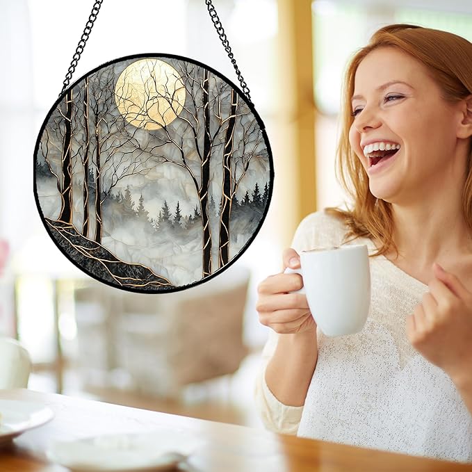 Stained Glass Window Hanging - Black and White Gold Moon Forest Sun Catcher for Door Home Decor Suncatcher Christmas Mother's Day Birthday Gifts for Women Men Lovers Mom Nana 9.8 in