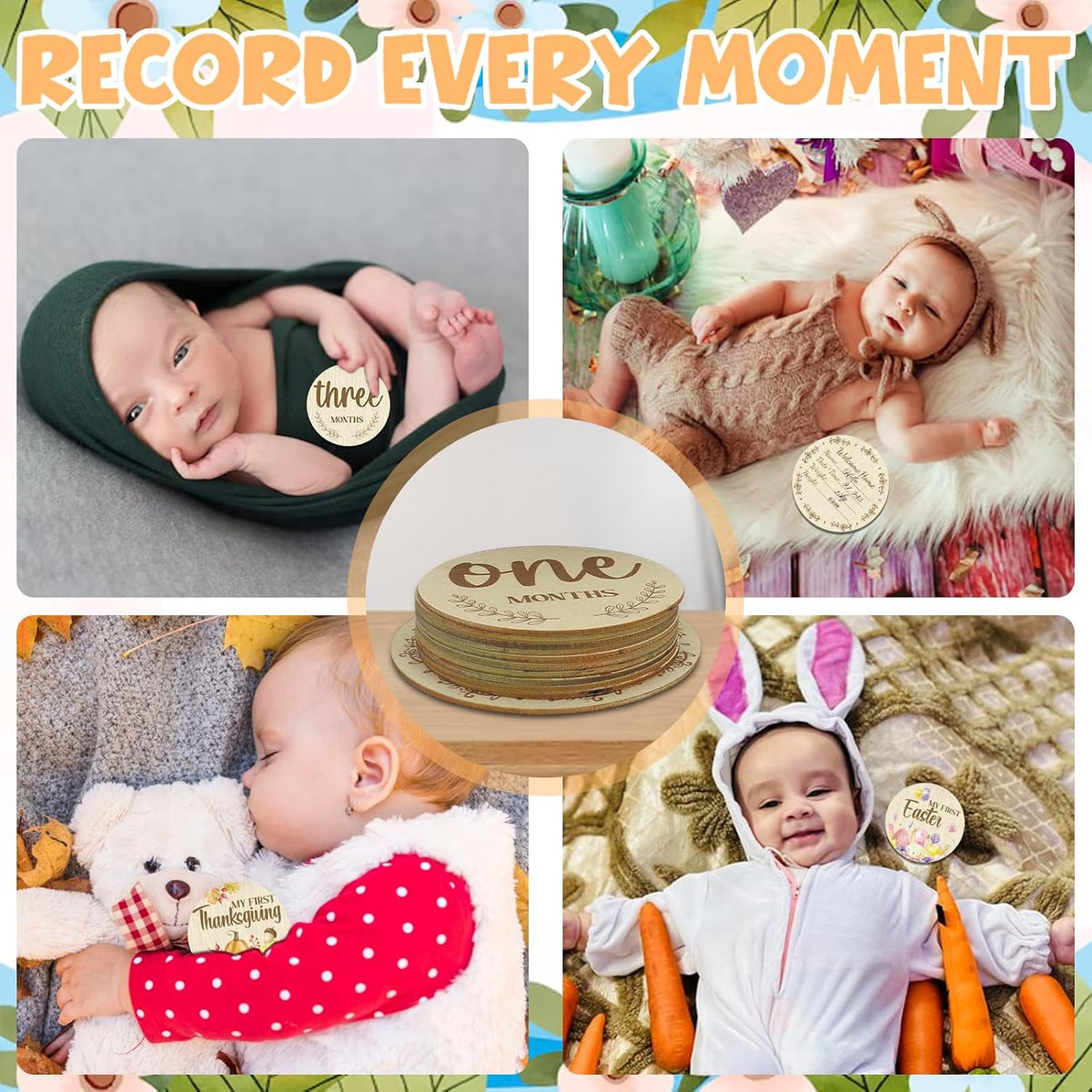 Threetols 11PCS Wooden Baby Monthly Milestone Cards Sign, Double Sided Newborn Photography Prop Pregnancy Journey Baby