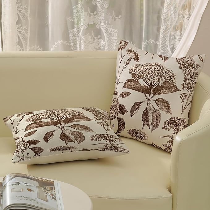 Brown Pillow Covers 20x20 Set of 2 Vintage Boho Floral Hydrangea Herbs Botanical Throw Pillow Cover Outdoor Flower Decorative Pillowcase Linen Farmhouse Cushion Case Decor for Couch Sofa