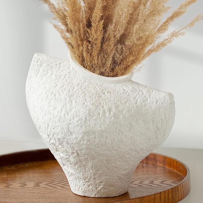 White Ceramic Vase, Modern Farmhouse Style for Table, Kitchen, Bookshelf, Entryway, Counter, Vanity Decor, Stone Textured Small Artistic Handmade Vase for Pampas Grass, Flowers