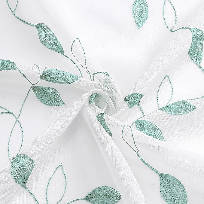 Tollpiz Teal Blue Leaf Sheer Tier Curtain Leaves Embroidered Kitchen Curtains Rod Pocket Voile Bathroom Window Treatment for Cafe, 30 x 36 inches Long, Set of 2 Panels