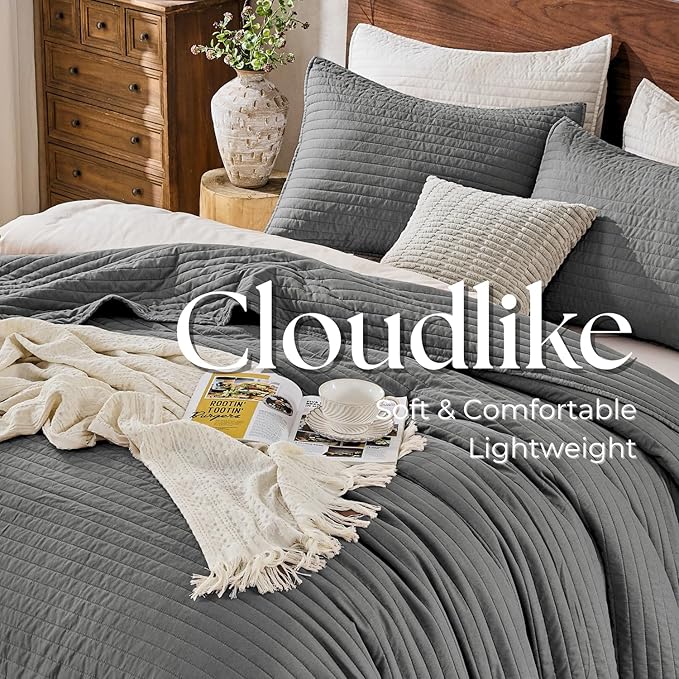DOWN HOME King Quilt Bedding Set with Shams, Vintage Washed Soft Quilted Blanket Thin Comforter Lightweight Bedspread Coverlet Bed Cover, Brushed Microfiber Stripe Stitching, Ash Gray, 104"x90"