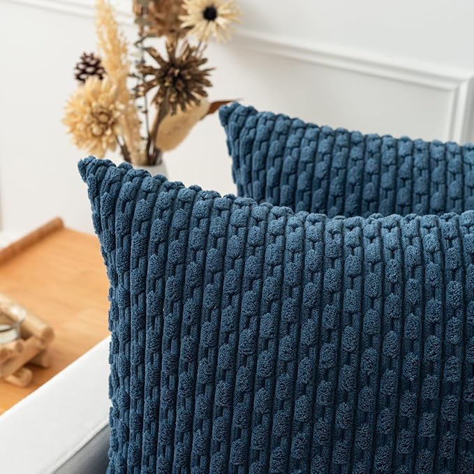 Kevin Textile 2 Packs Blue Decorative Throw Pillow Covers 22x22 Inch for Living Room Couch Bed Sofa Soft Striped Corduroy Square Cushion Case 55x55 cm Rustic Farmhouse Boho Home Decor