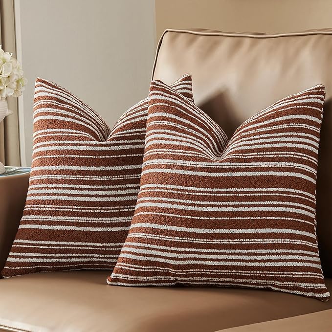 AmHoo Pack of 2 Textured Boucle Throw Pillow Covers Accent Striped Cozy Soft Decorative Couch Cushion Case for Chair Sofa Bedroom Living Room Home Decor 20 x 20-Inch Rustic Brown
