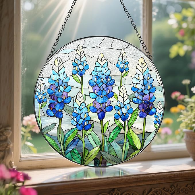 8'' Texas Bluebonnet Sun Catcher Ornament, Stained Glass Window Hanging, Suncatchers for Windows Hanging Ornaments, Window Decor | Flower Lover Gift, Gifts for Mom Grandma