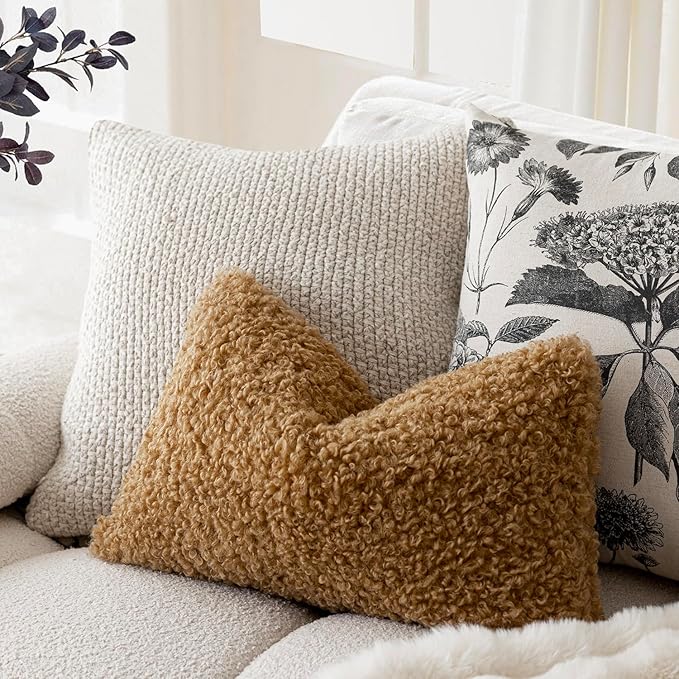 Foindtower Set of 2 Curly Teddy Wool Pillow Covers Decorative Boucle Textured Lumbar Throw Pillow Faux Fur Pillowcases Sheepskin Cushion Case for Sofa Bedroom Car 12"x20" Bronze