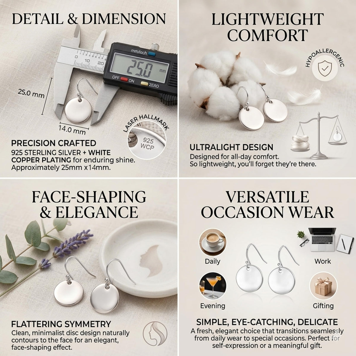925 Sterling Silver Circle Disc Dangle Drop Earrings for Women Lightweight Small Round Hoop Statement Earrings Minimalist Jewelry