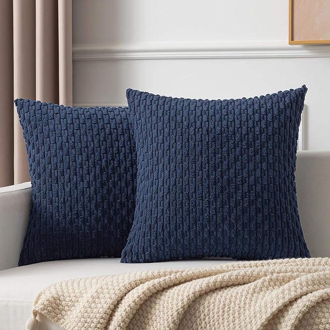 Kevin Textile Throw Pillow Cover Striped Corduroy Plush Texture Velvet Euro Cushion Cover for Bed 24 x 24 inch (60cm) Set of 2 Navy Blue