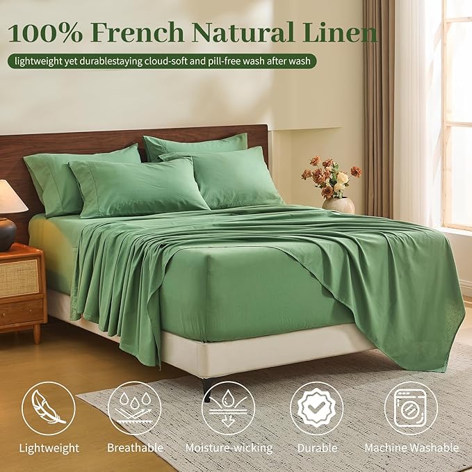 MEISHANG 100% French Pure Linen Sheets King Size - Extra Deep Pocket Sheet Set, Soft Durable Flax Linen, Anti-Tear Breathable & Oeko-Tex Certified 18-24 Deep Pocket,All Season(Sage Green)